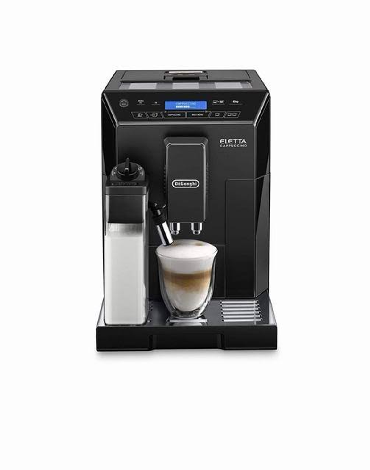 Czarny ekspres do cappuccino Delonghi Eletta z pojemnikiem na mleko po lewej stronie, szklanką i ekranem.