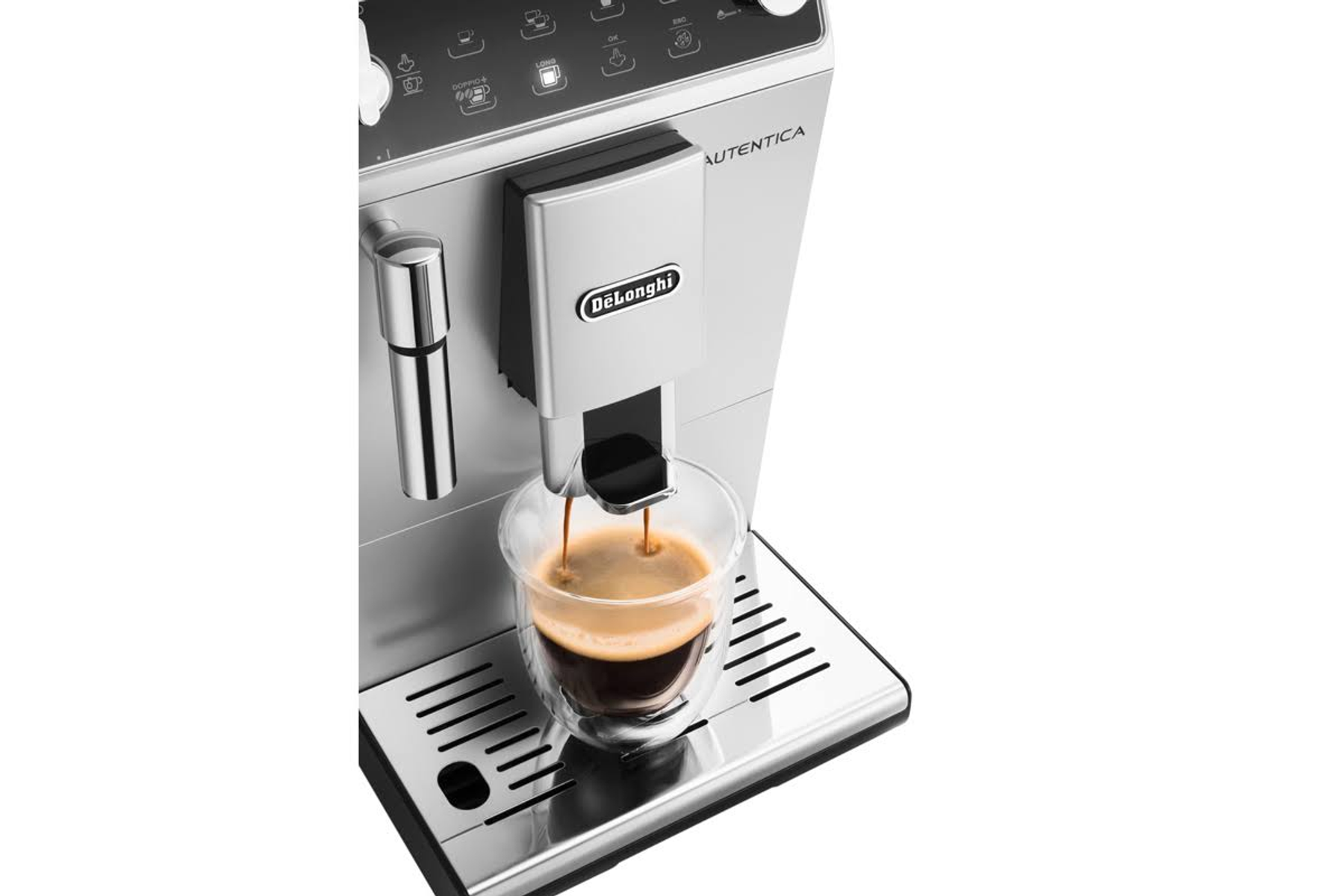 Ekspres do kawy nalewający kawę do szklanki, widok z przodu, srebrny i czarny.