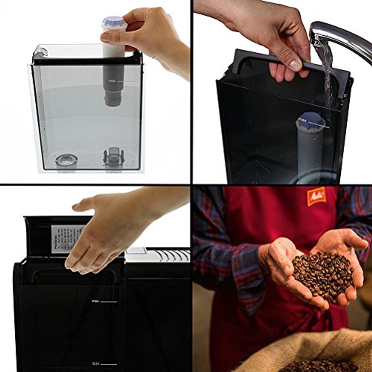 Obrazek z czterema panelami: dłonie z filtrem, wodą i ziarnami kawy. Napełnianie zbiornika na wodę.