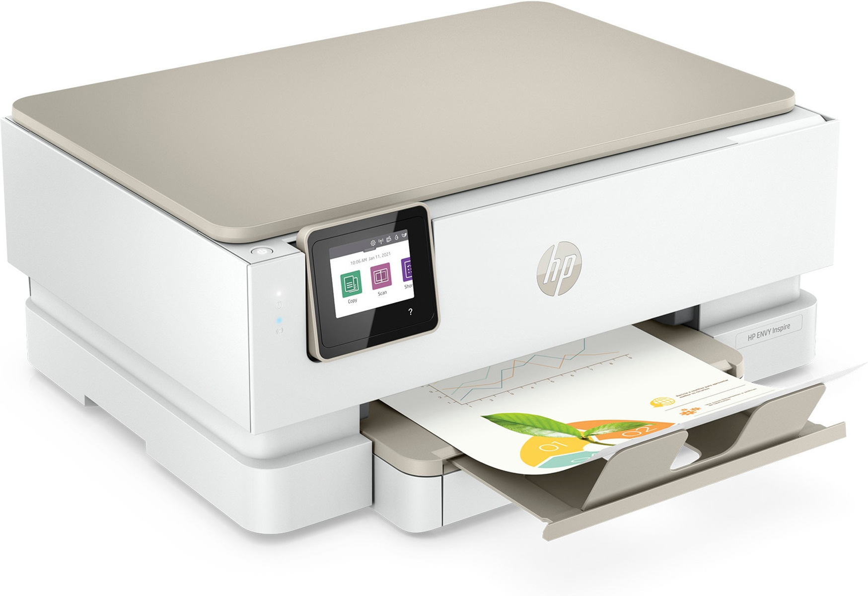 Stampante HP ENVY Inspire bianca e beige, che stampa un documento con un grafico colorato.