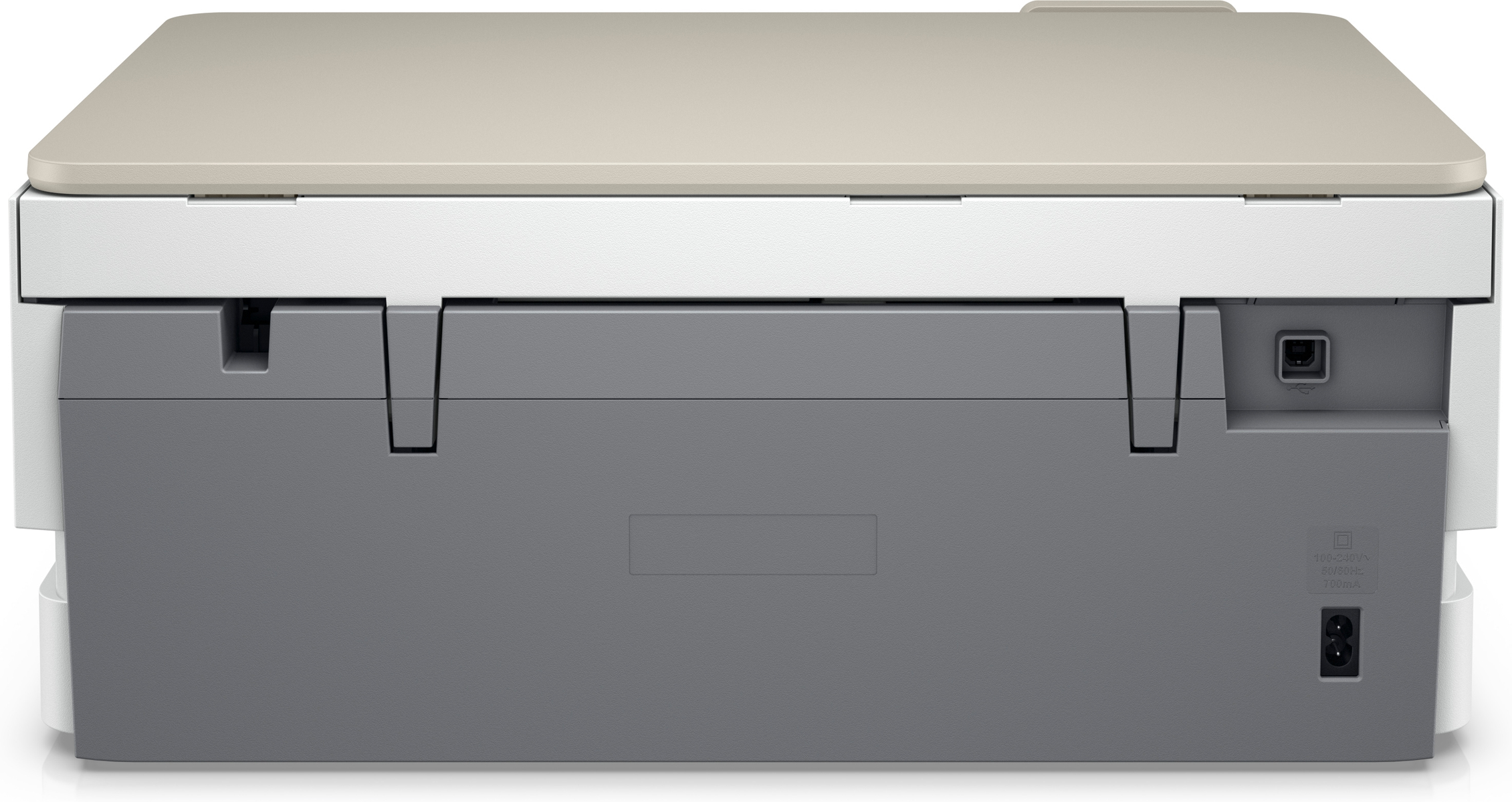 Vista posteriore di una stampante. Parte superiore beige, corpo grigio con collegamenti.