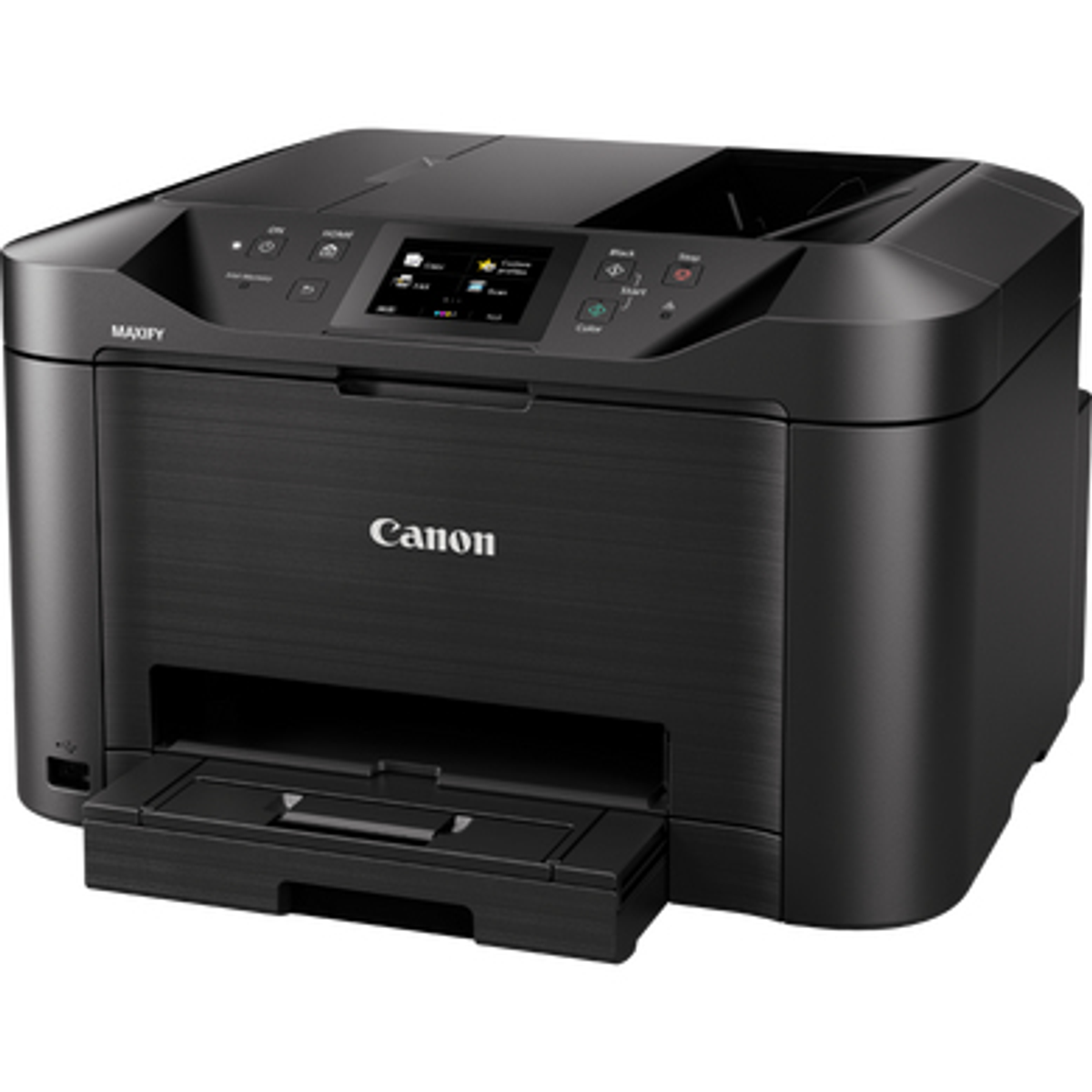 Schwarzer Canon Maxify Drucker. A4-Papierfach ist offen. Bedienfeld mit Display. Weißes Canon-Logo vorne.