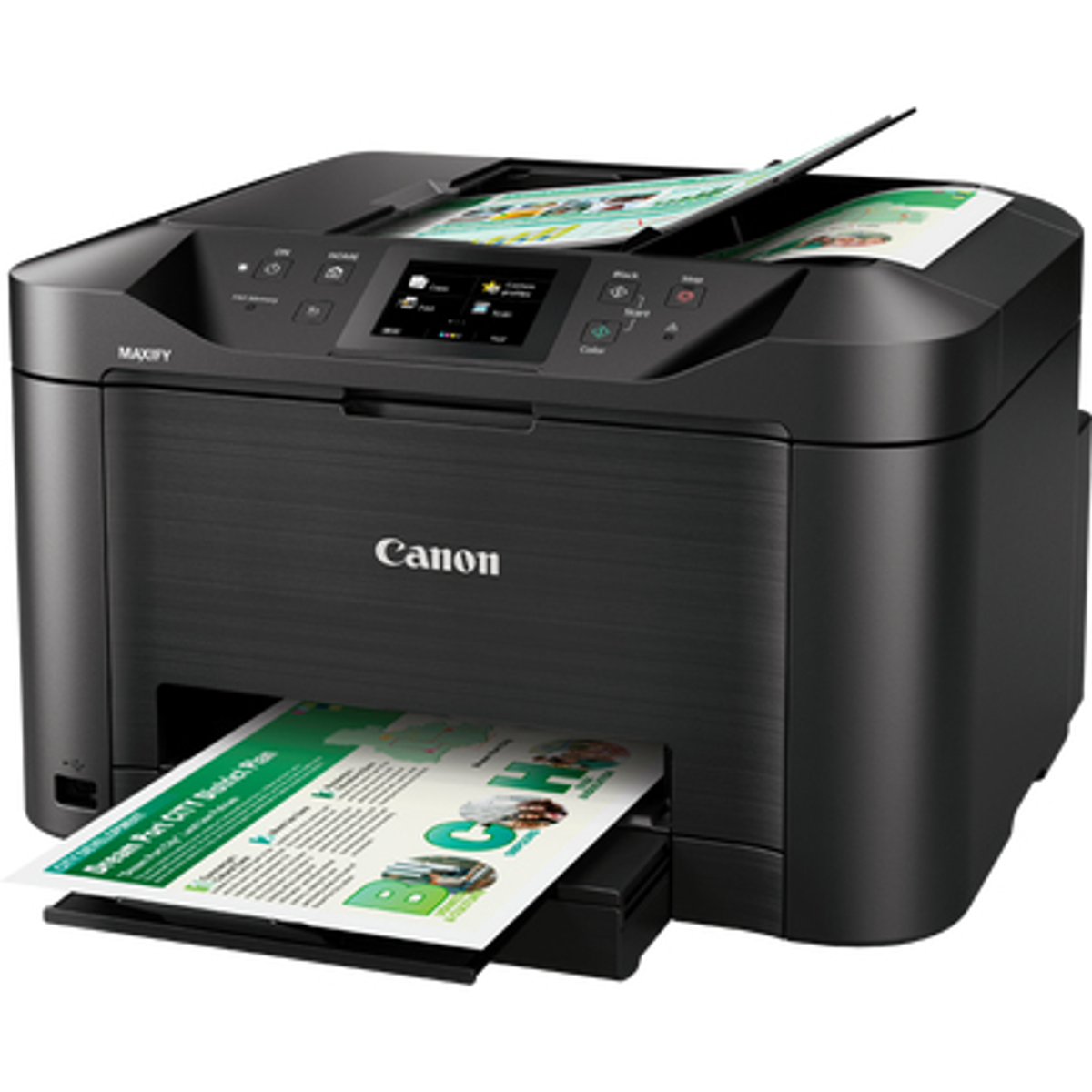 Ein schwarzer Canon-Drucker druckt Dokumente, Papiereinzug sichtbar.