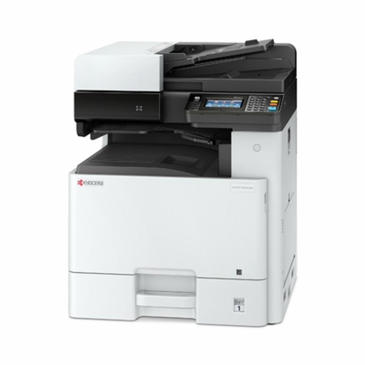 Una impresora multifunción Kyocera en blanco y negro. La parte superior incluye un escáner y un panel de control.