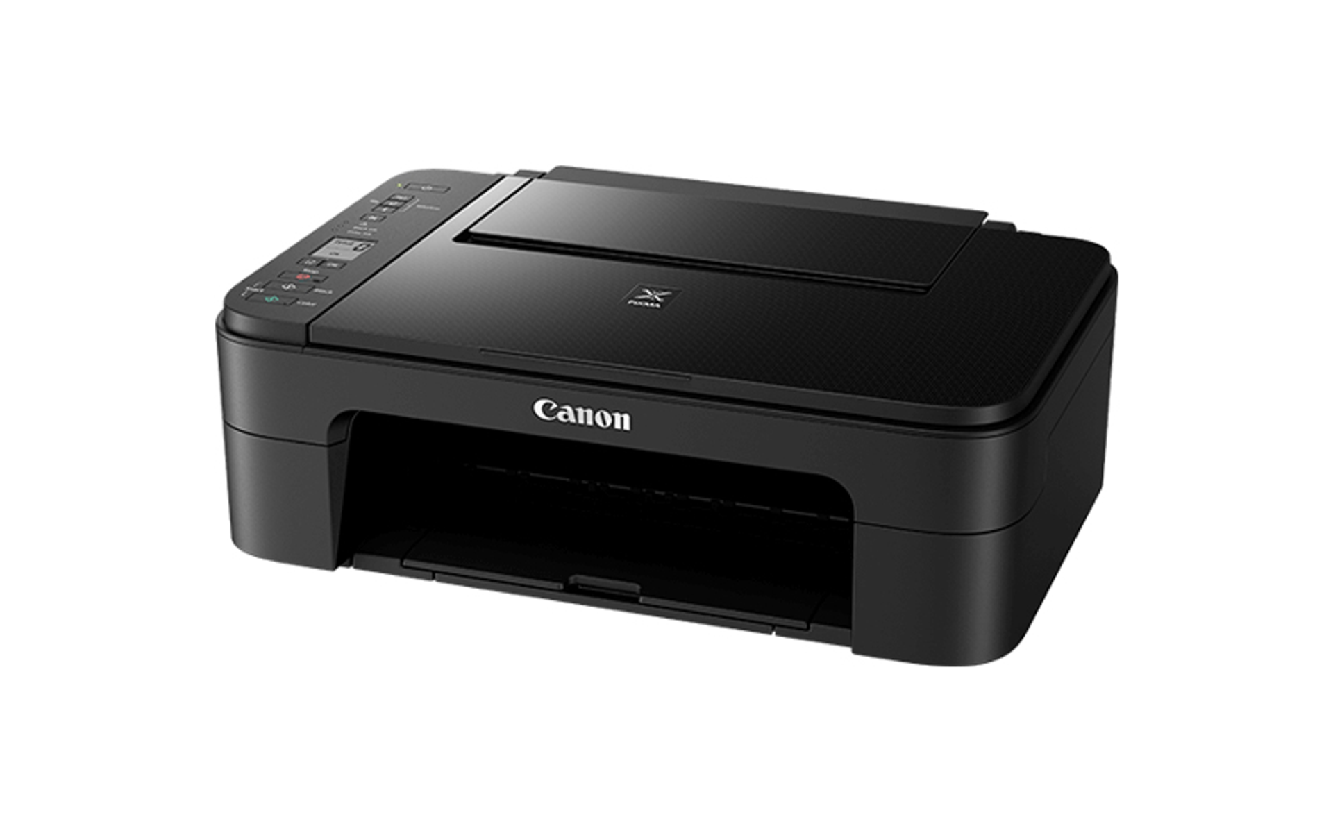 Ein schwarzer Canon Pixma Drucker mit Papierschale, auf weißem Grund.