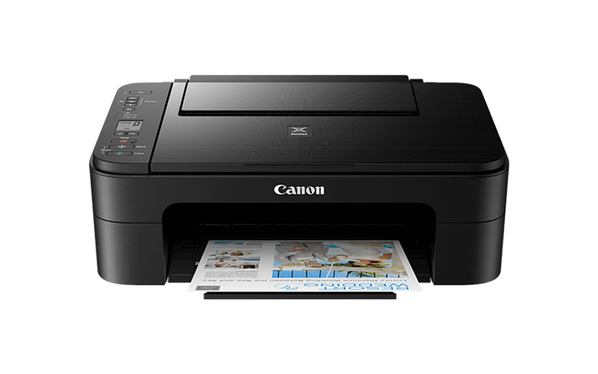 Schwarzer Canon-Drucker. Papier mit Bildern kommt heraus. Knöpfe und Bildschirm links.