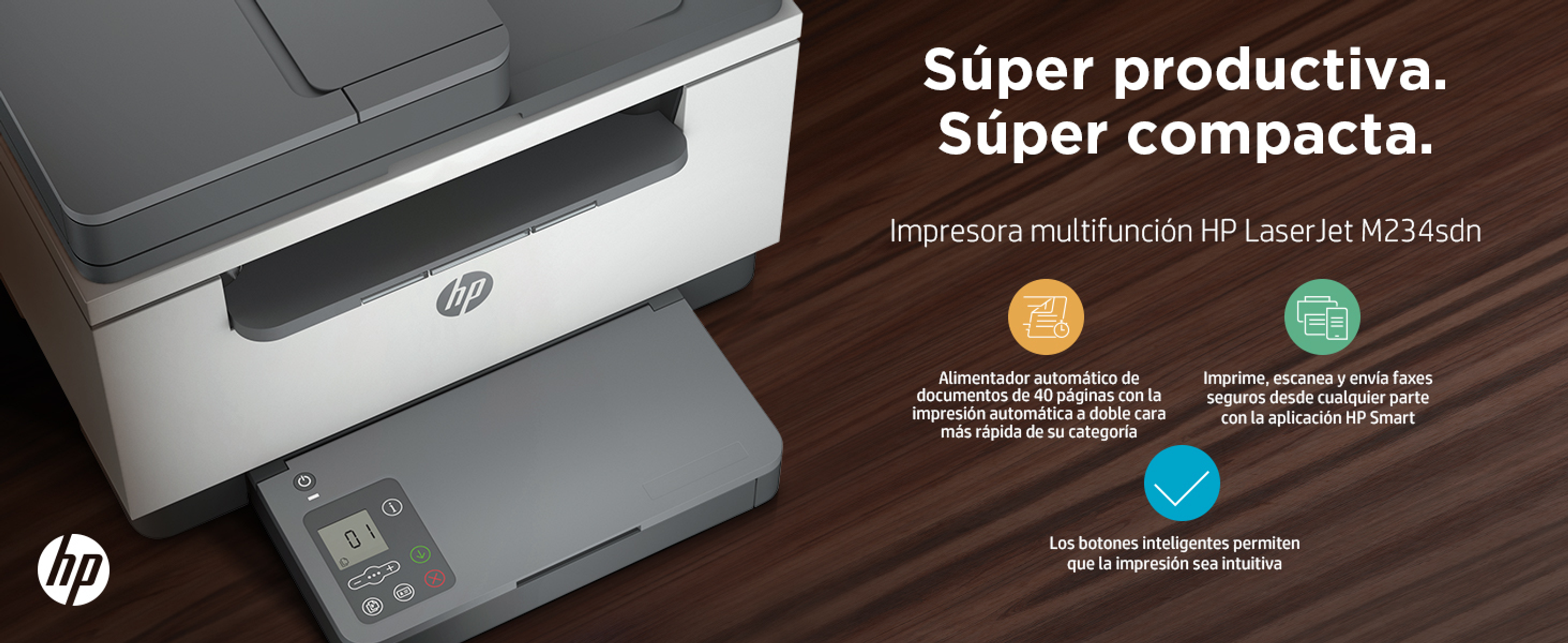 HP-Drucker mit Text: Super produktiv. Super kompakt. Multifunktionsdrucker HP LaserJet M234sdh.