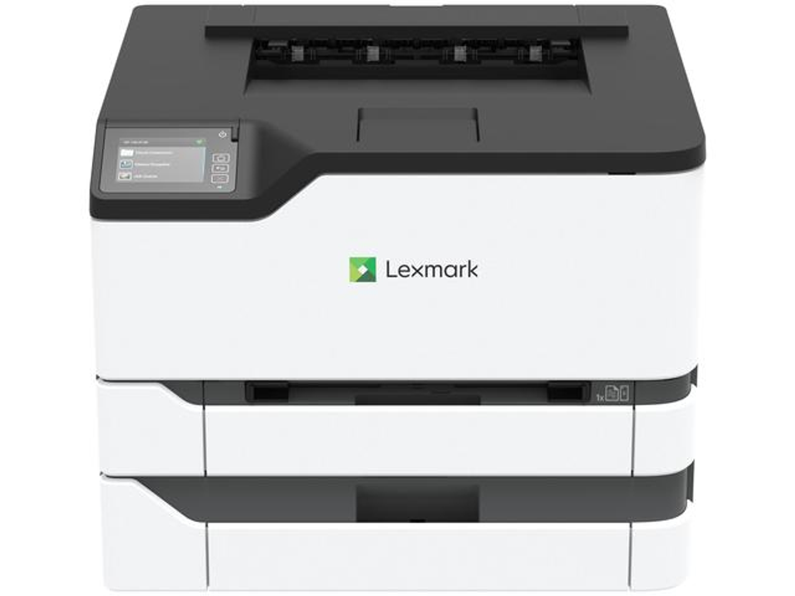 Biało-czarna drukarka Lexmark. Widoczne logo Lexmark.