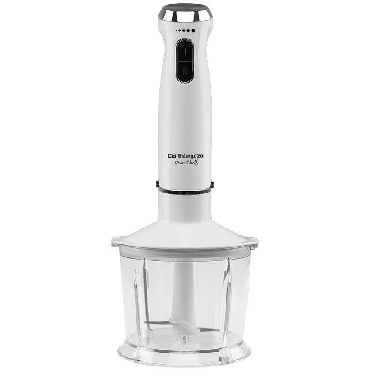 Batidora de mano blanca con recipiente transparente. La marca es Orbegozo Green Chef.