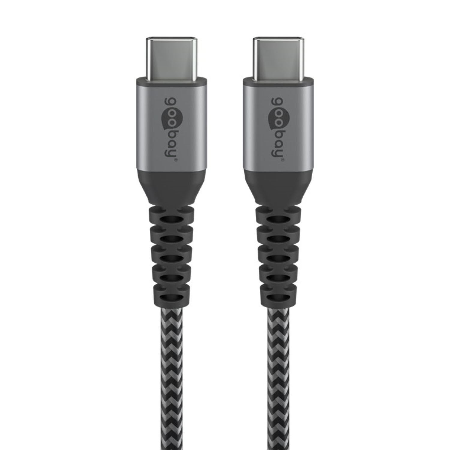 Dwa kable USB-C. Czarno-szara plecionka, ze srebrnymi złączami.