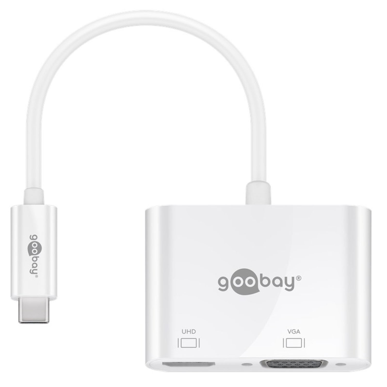 Adattatore da USB-C a VGA bianco con logo 'goobay'.