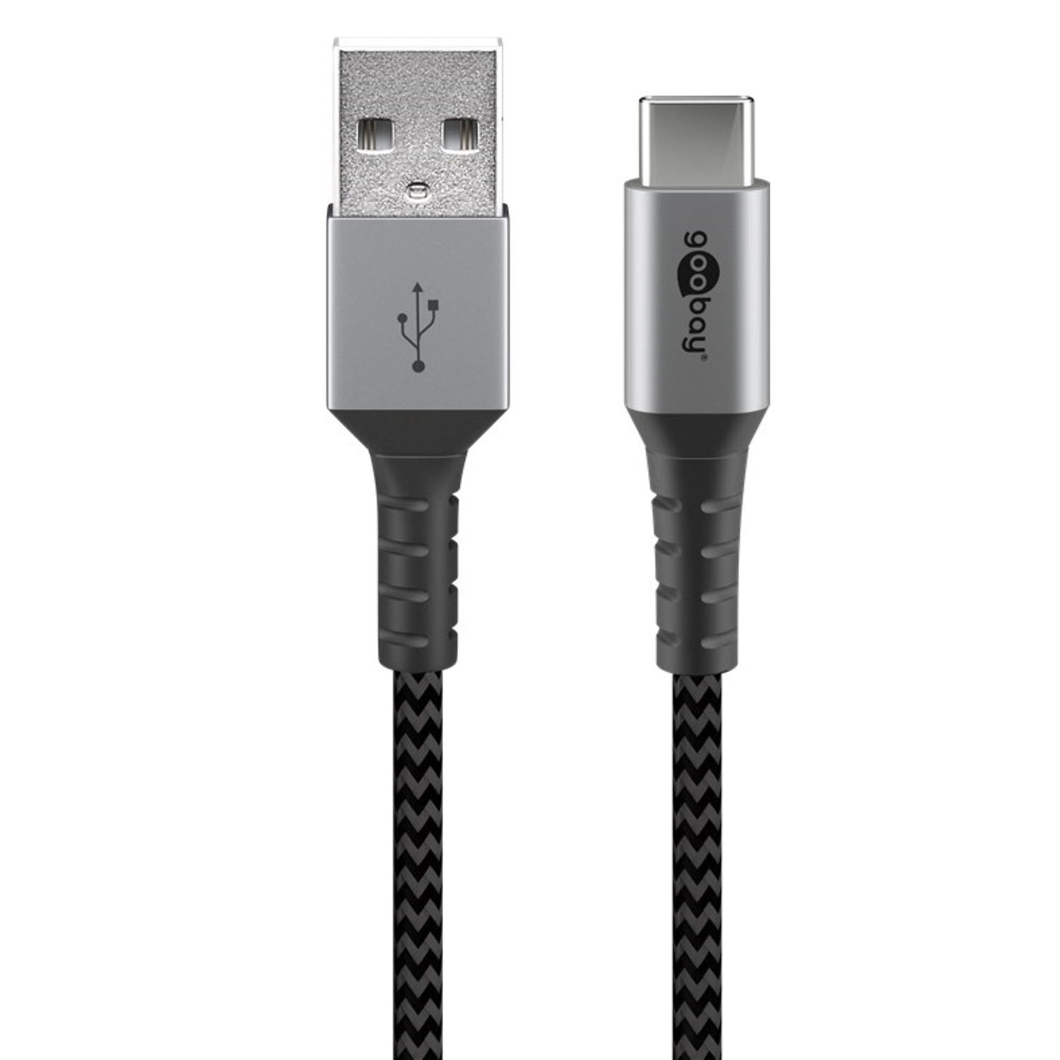 Câble USB-A vers USB-C, argenté et noir. Une extrémité USB-A, l'autre USB-C, avec câble tressé noir.