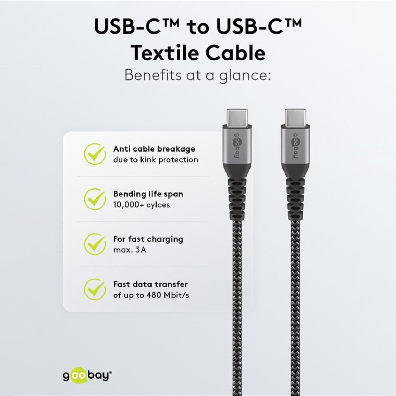 Zwei USB-C-zu-USB-C-Kabel mit Text, der die Vorteile detailliert: Anti-Knick, lange Lebensdauer, schnelles Laden.