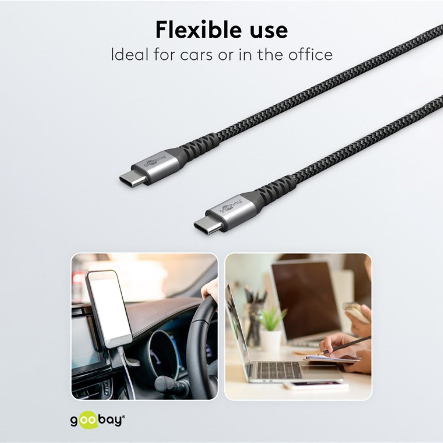 Zwei USB-C-Kabel. Eines im Auto eingesteckt. Das andere in der Nähe eines Laptops, auf weißem Untergrund.