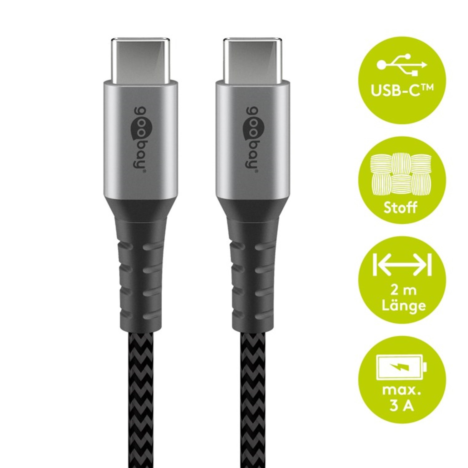 Dwa kable USB-C z szarą wtyczką i czarnym plecionym kablem, obok ikon informacyjnych.
