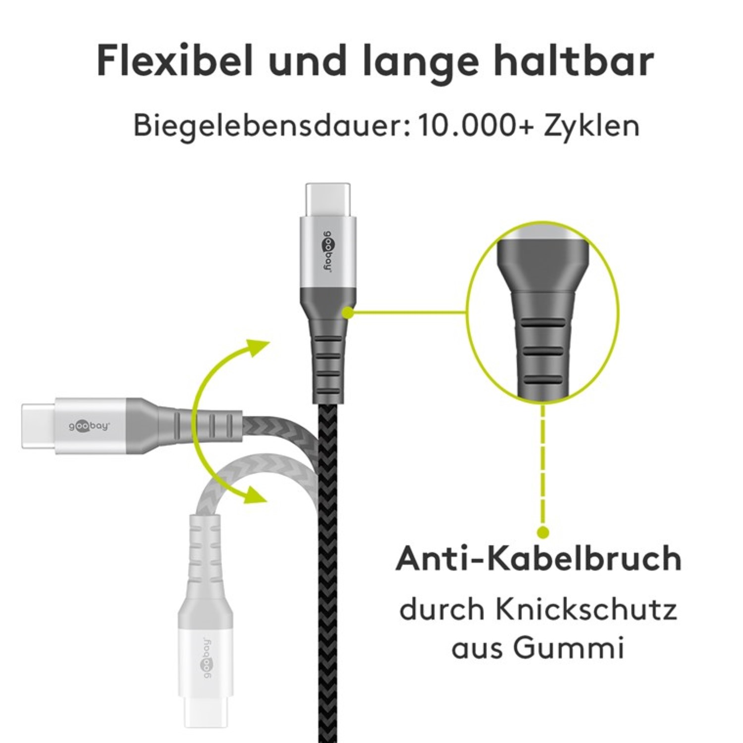 Czarny i szary kabel USB-C z ochroną przed zginaniem. Strzałki wskazują elastyczność.