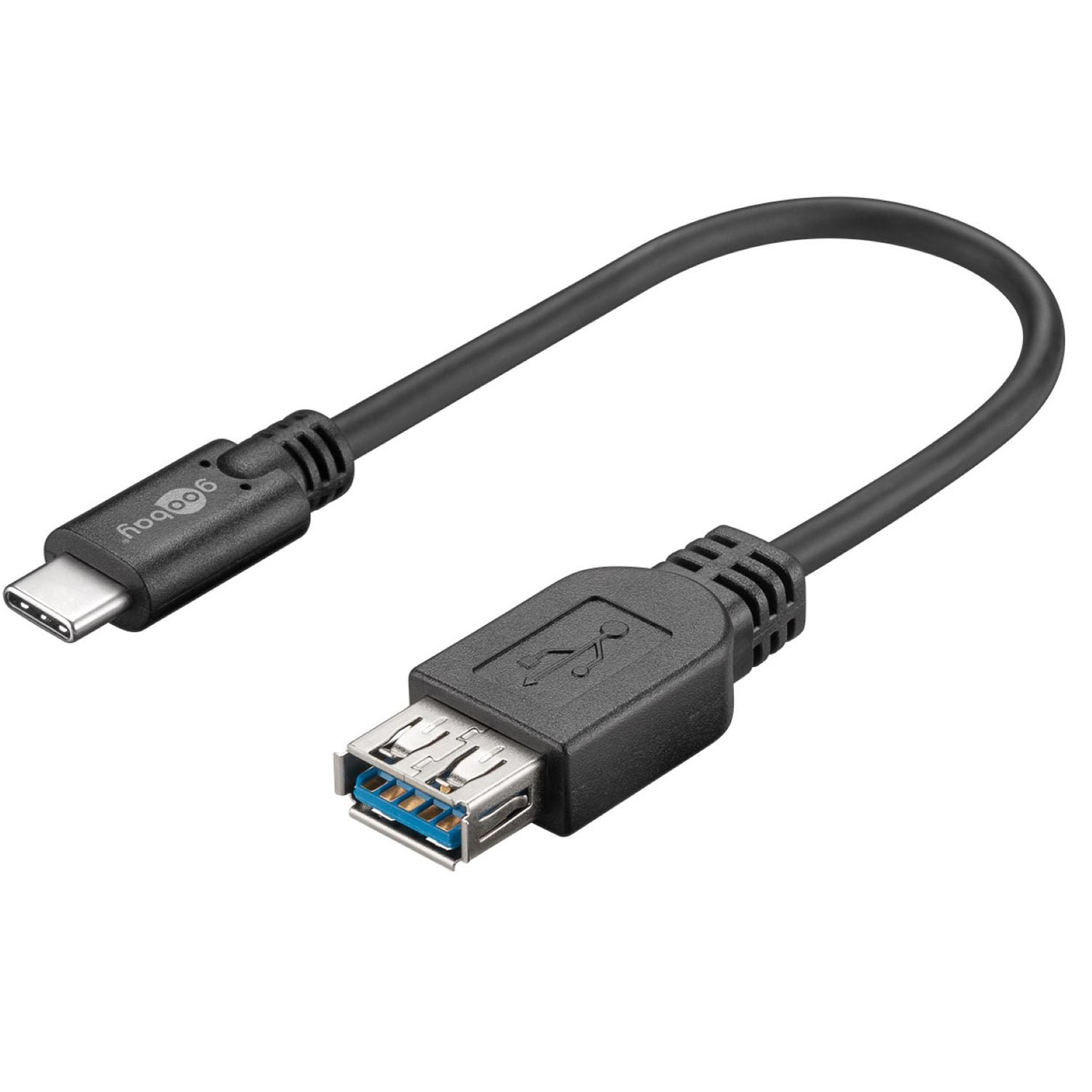 Black USB-C to USB-A cable. USB-C on the left, USB-A on the right.