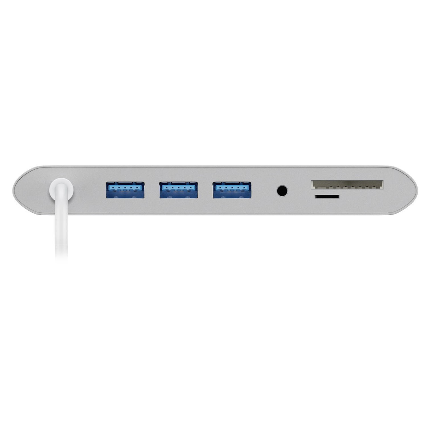Silberner USB-Hub mit 3 USB-Anschlüssen, Audioanschluss und SD-Kartensteckplatz, weißer Hintergrund.