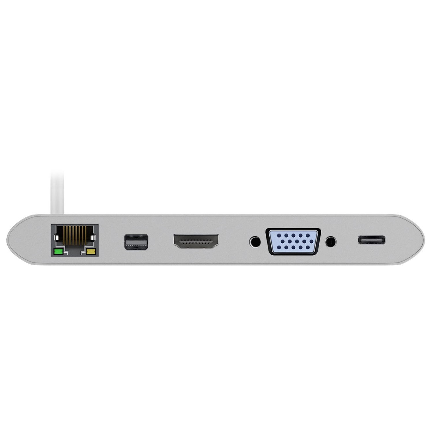 Silberner Hub mit mehreren sichtbaren Anschlüssen. Enthält LAN-, USB-C-, HDMI- und VGA-Anschlüsse.