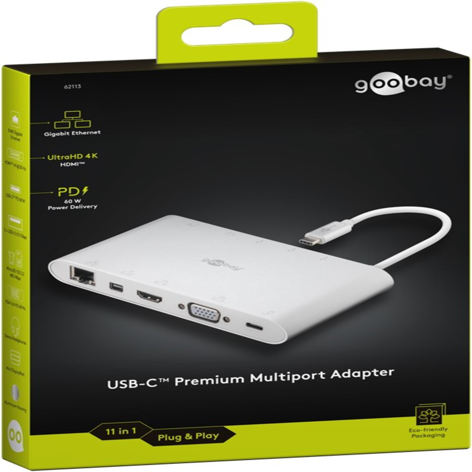Weißer USB-C-Multipoort-Adapter in einer Box. Enthält Anschlüsse für verschiedene Verbindungen.