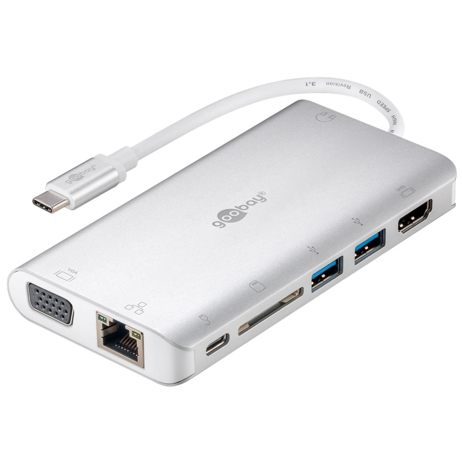 Hub USB-C argenté avec plusieurs ports, dont USB, HDMI et Ethernet.
