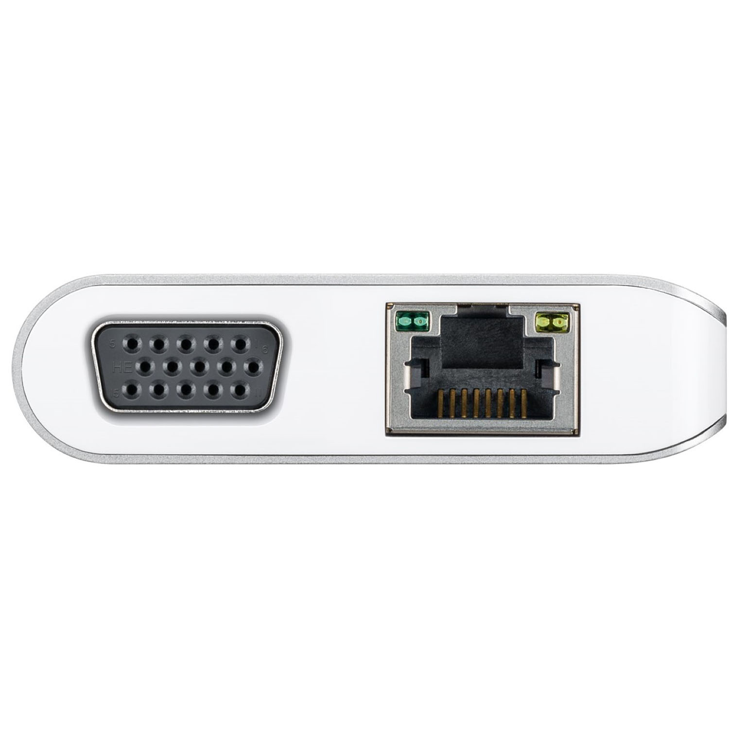 Gros plan d'un appareil avec un port VGA et un port Ethernet. Il est argenté et élégant.