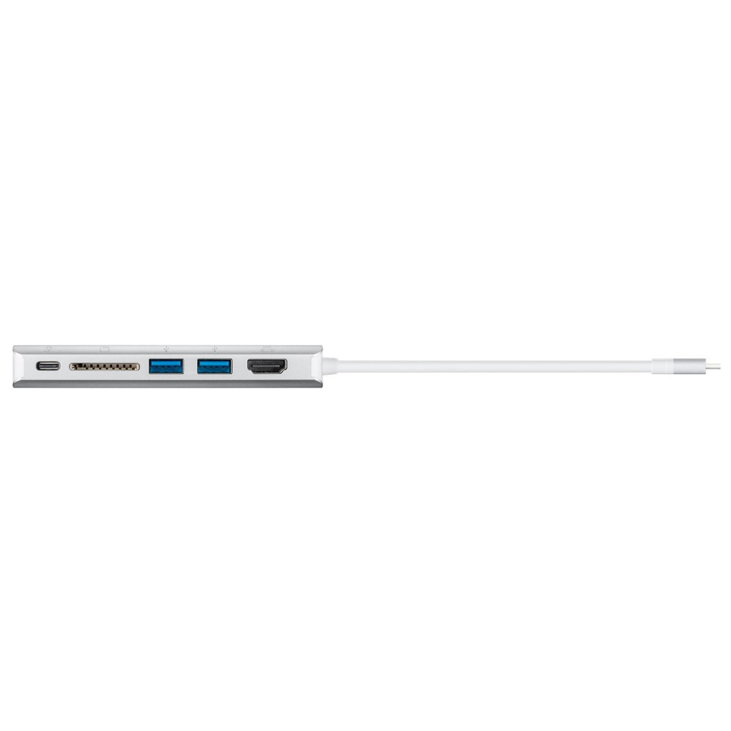 Un hub USB-C argenté avec plusieurs ports et un câble blanc, isolé sur fond blanc.