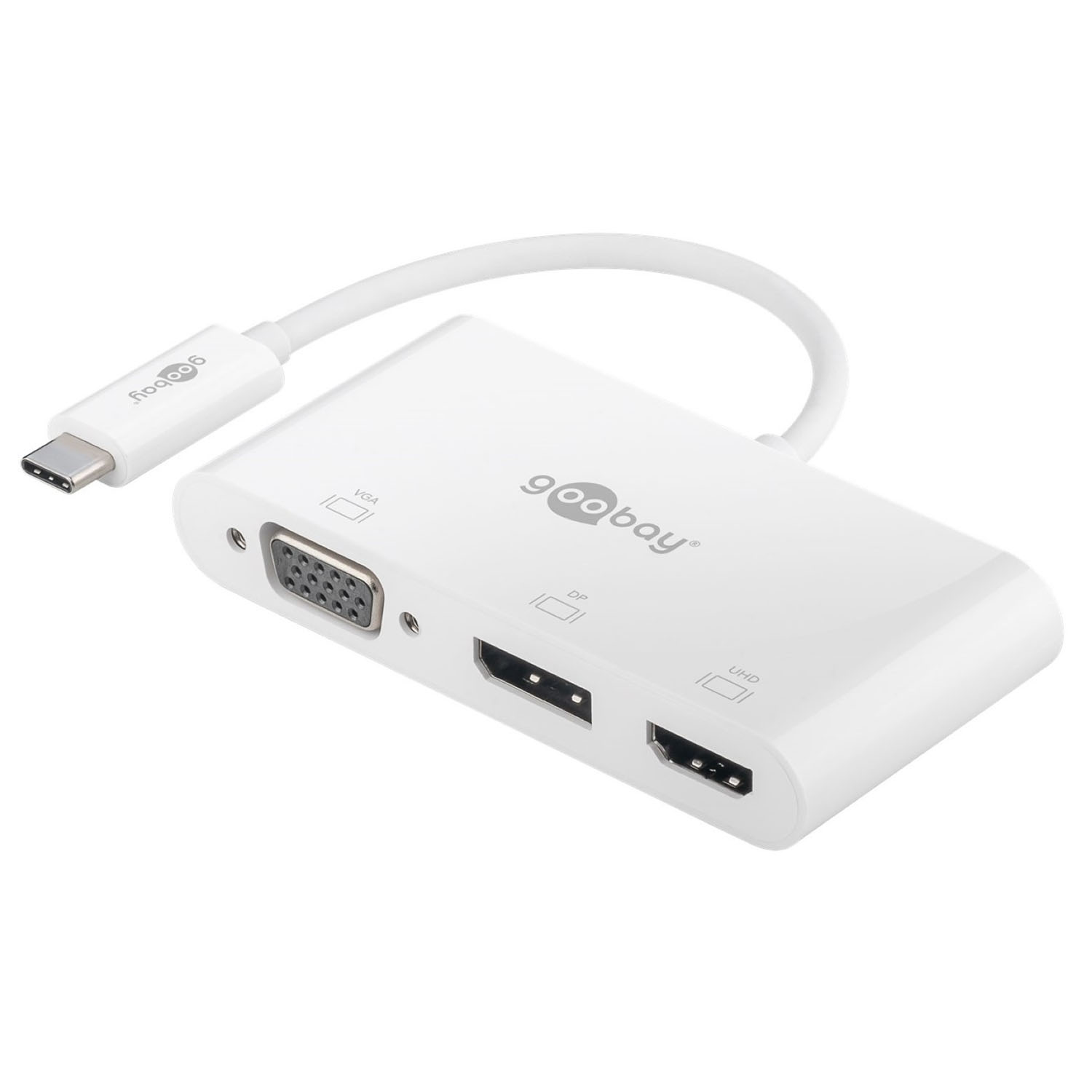 Weißer Goobay-Adapter mit mehreren Anschlüssen: VGA, DP, HDMI und USB-C.