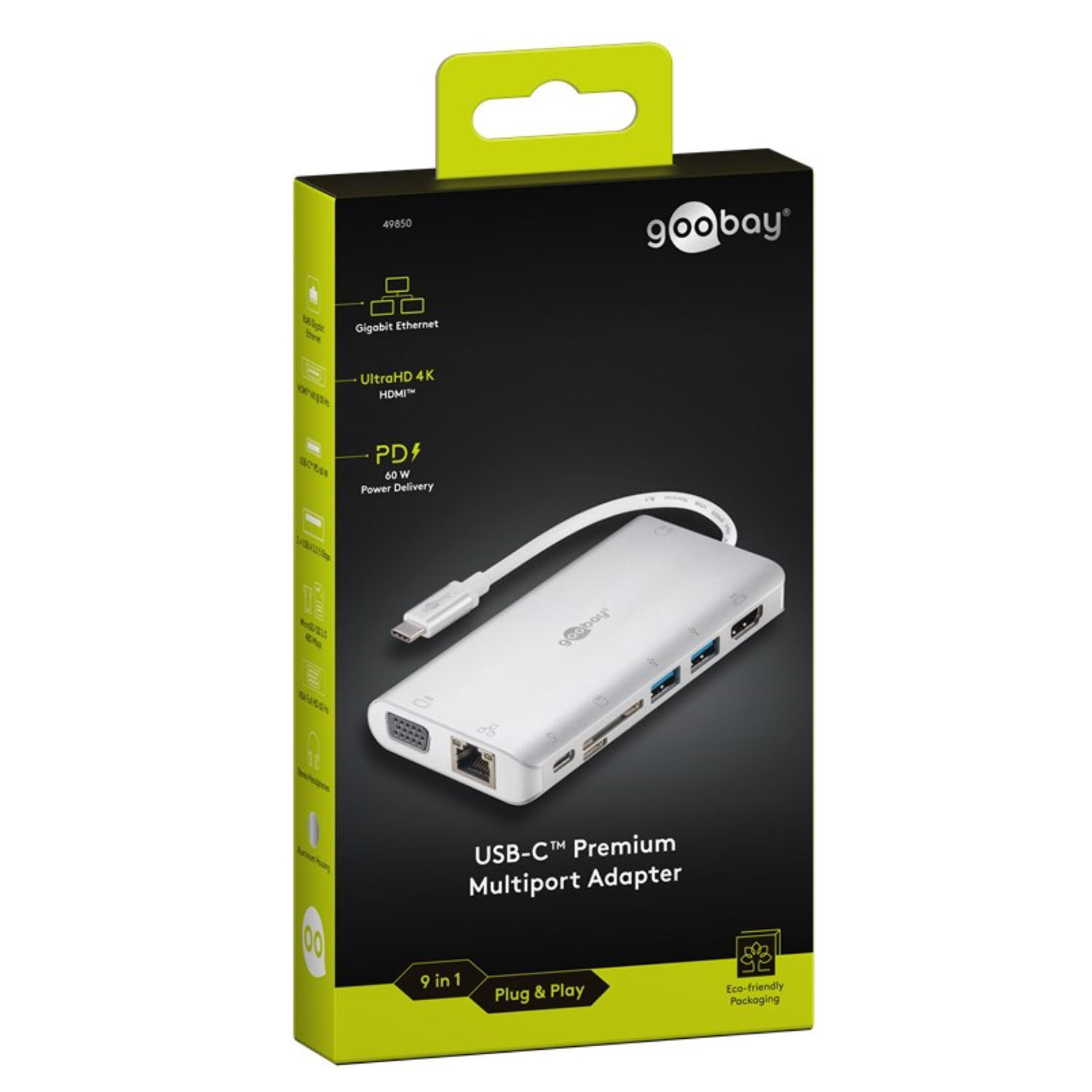 Une boîte d'adaptateur multiport USB-C blanche. La boîte porte le nom du produit et des icônes pour les fonctionnalités.