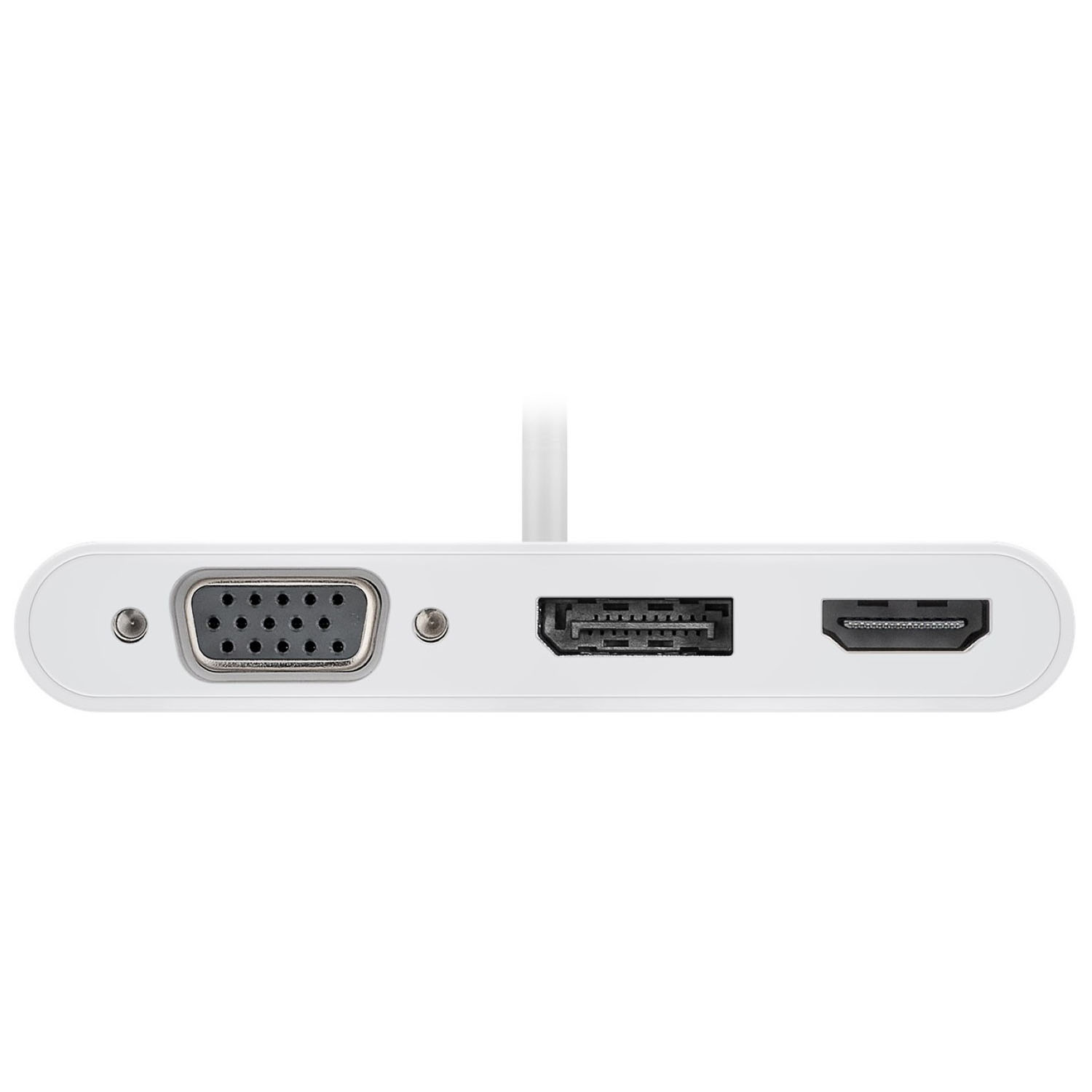 Ein weißer Adapter mit VGA-, HDMI- und anderen Anschlüssen auf weißem Hintergrund.