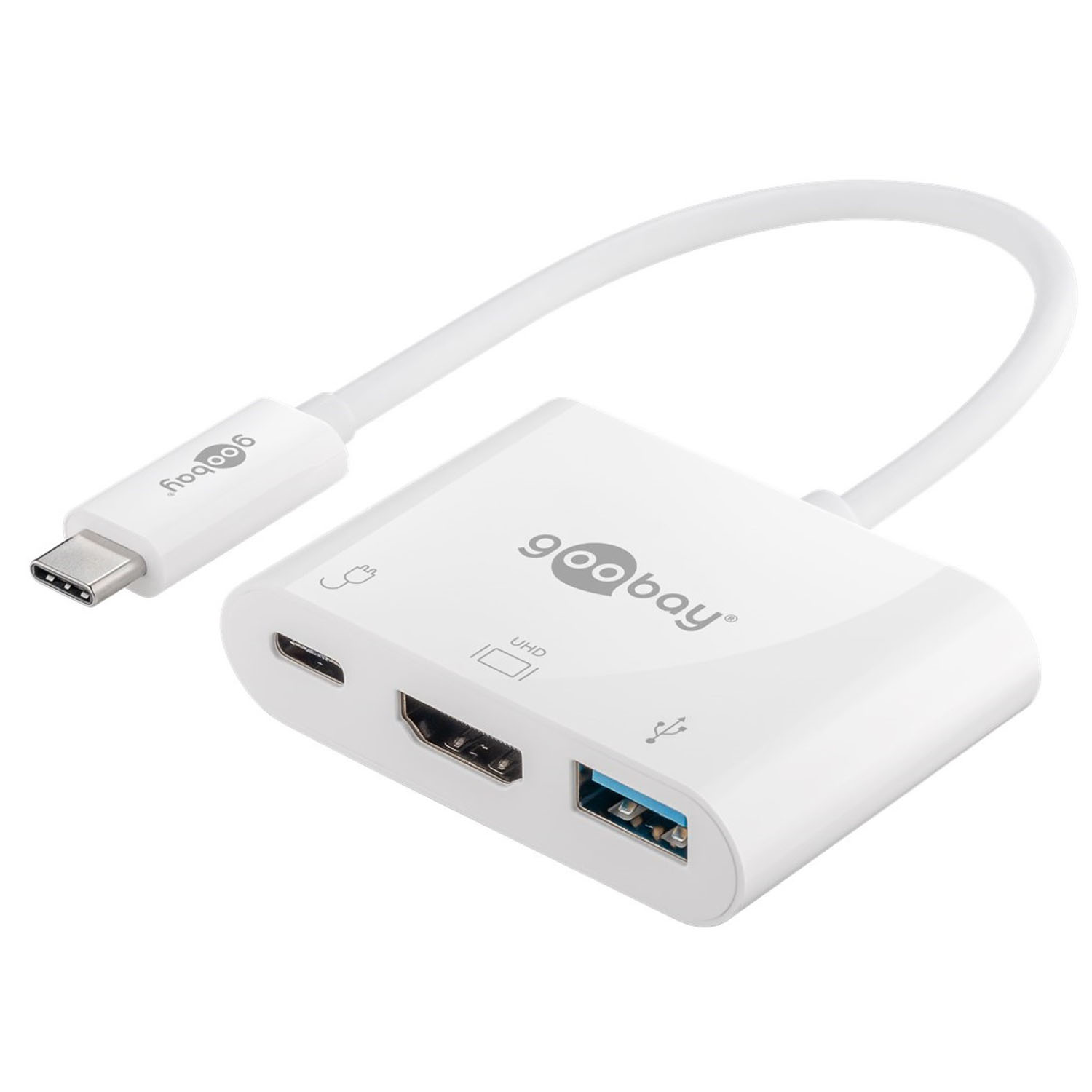 Weißer USB-C-Hub mit USB-, HDMI- und USB-A-Anschlüssen, aus der Schrägansicht.