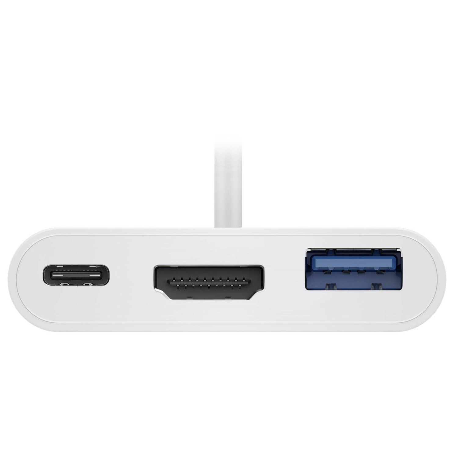 Weißer Hub mit USB- und HDMI-Anschlüssen und einem USB-C-Anschluss.