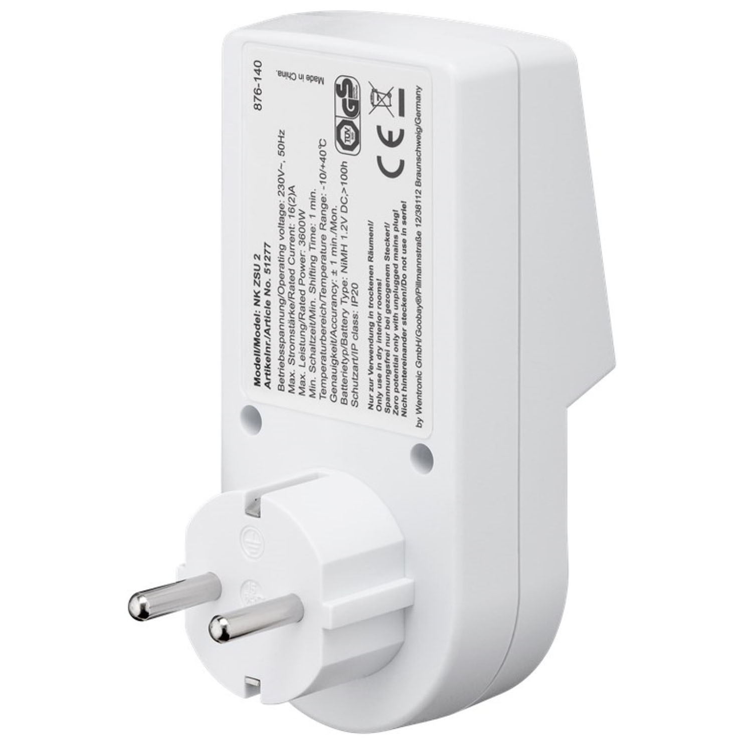 Weißer Netzadapter mit europäischem Stecker und technischen Informationen aufgedruckt.