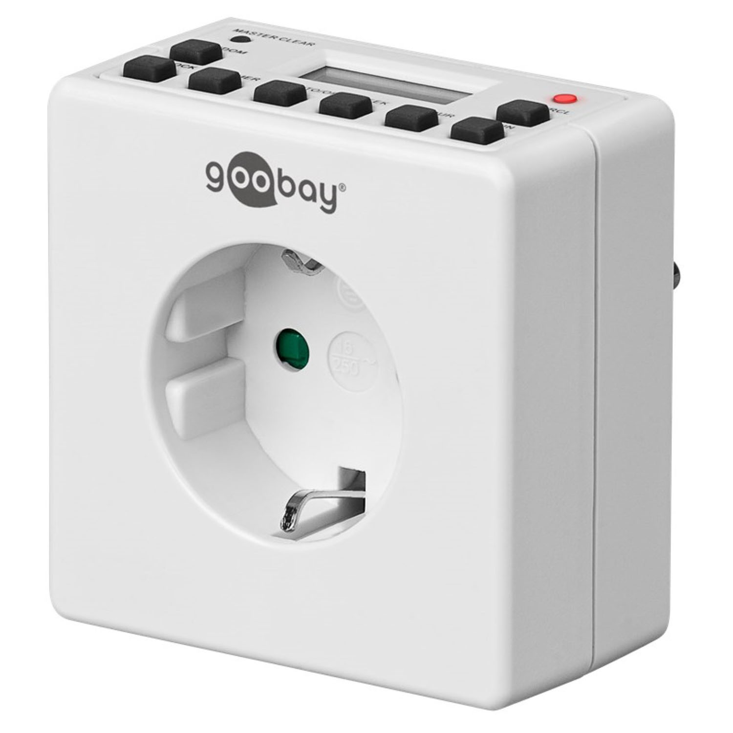 Weißer Goobay-Timer mit Steckdose, Tasten und digitaler Anzeige. Die Steckdose ist grün.