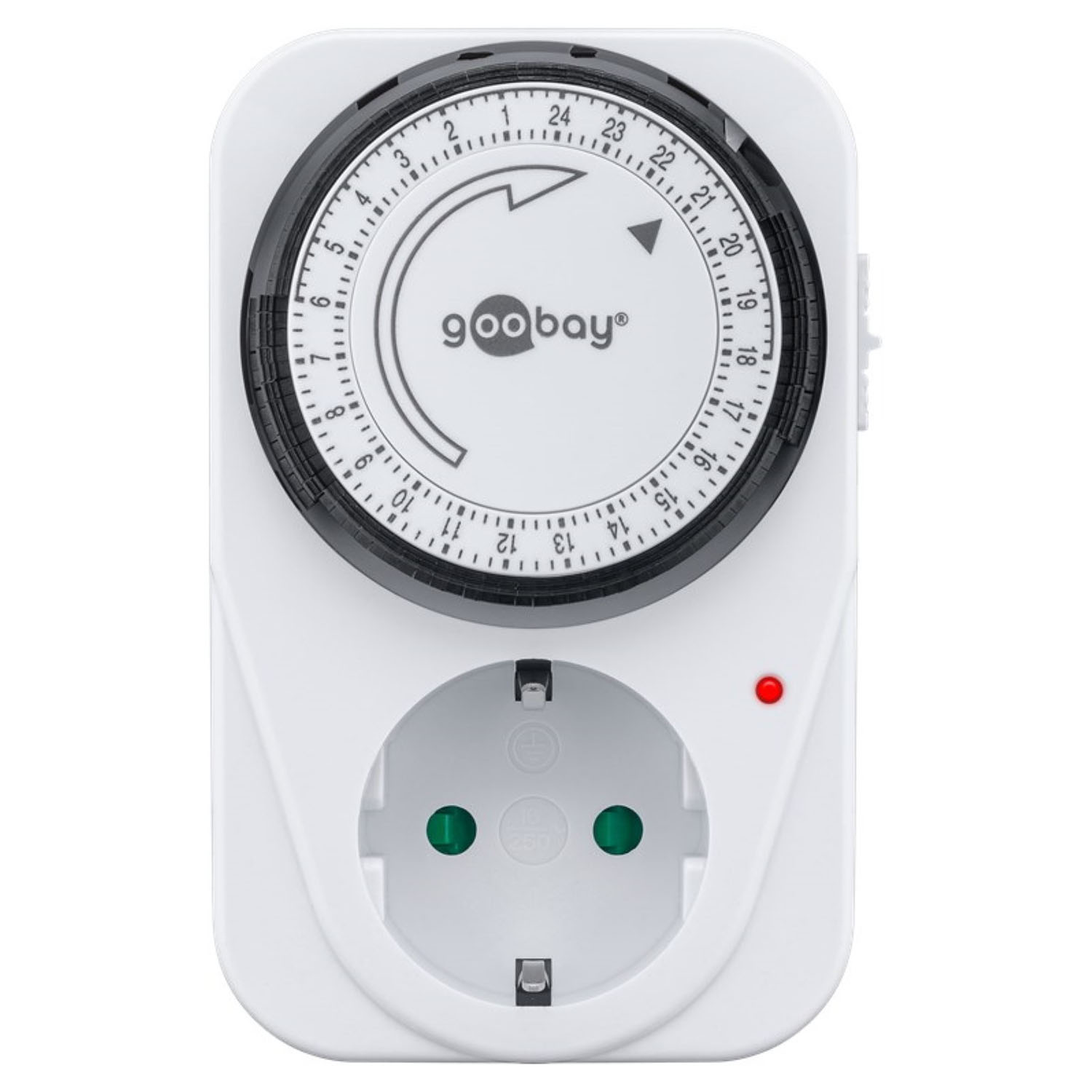 Ein weißer elektrischer Timer mit einem Zifferblatt und einer Steckdose auf weißem Hintergrund.