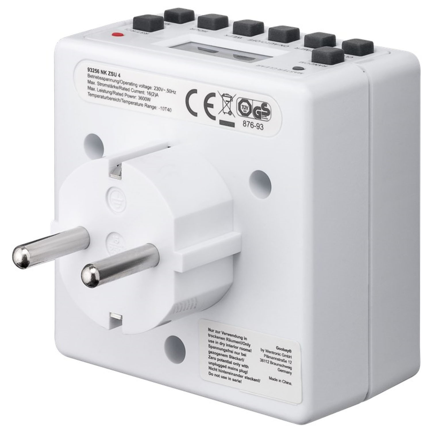 Ein weißer, würfelförmiger Reiseadapter. Er hat mehrere Tasten, ein Display und Stecker für verschiedene Länder.