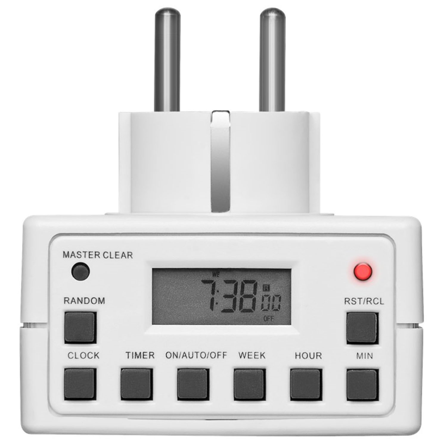 Weißer digitaler Timer mit Knöpfen für Uhr, Timer, Ein/Aus, Woche, Stunde, Min.