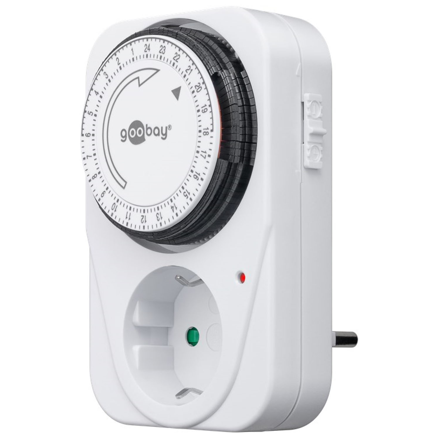 Ein weißer goobay-Timer mit schwarzem Zifferblatt, einer Steckdose und einem Stecker.