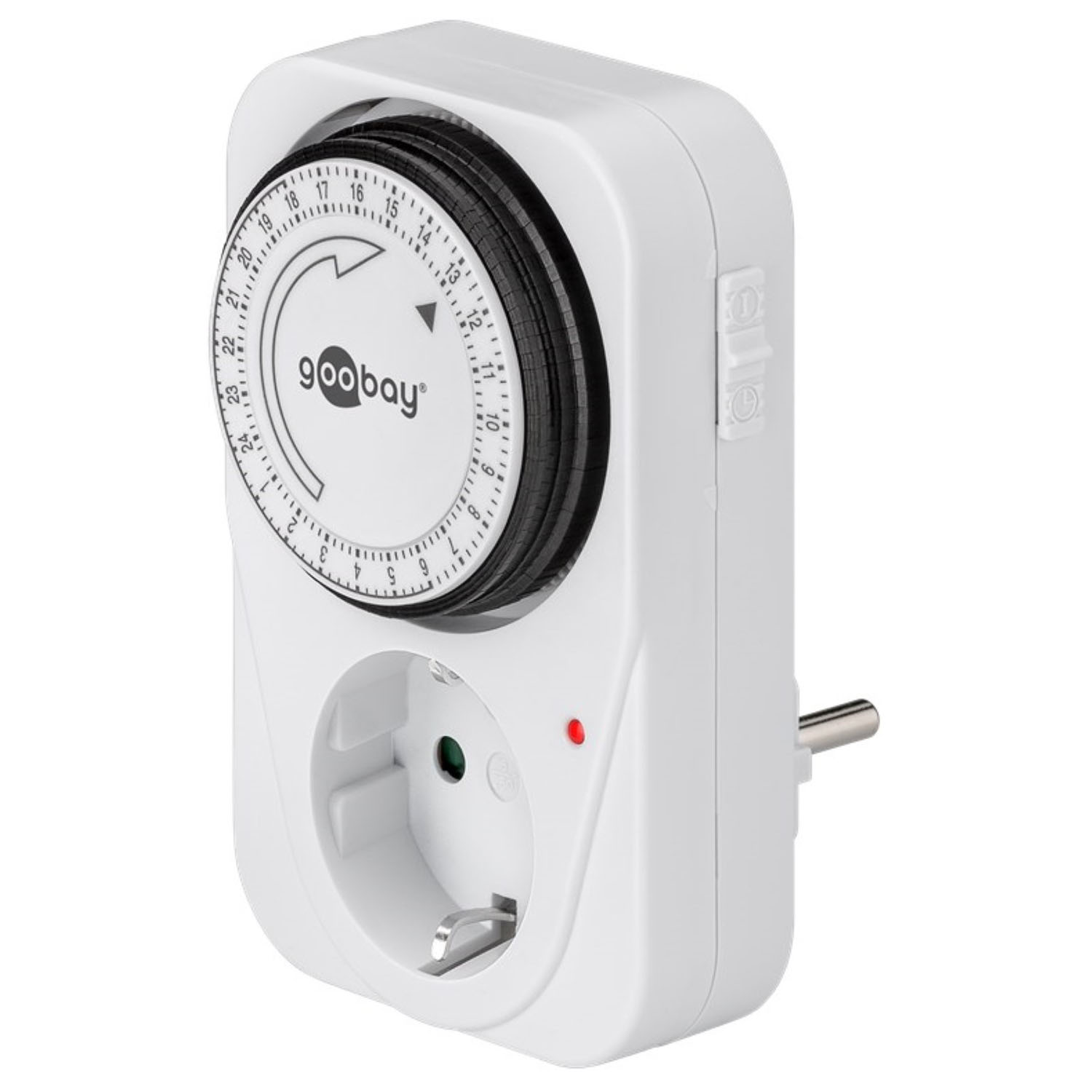 Weißer Timer mit rundem Zifferblatt und Stecker. Rote Kontrollleuchte an.