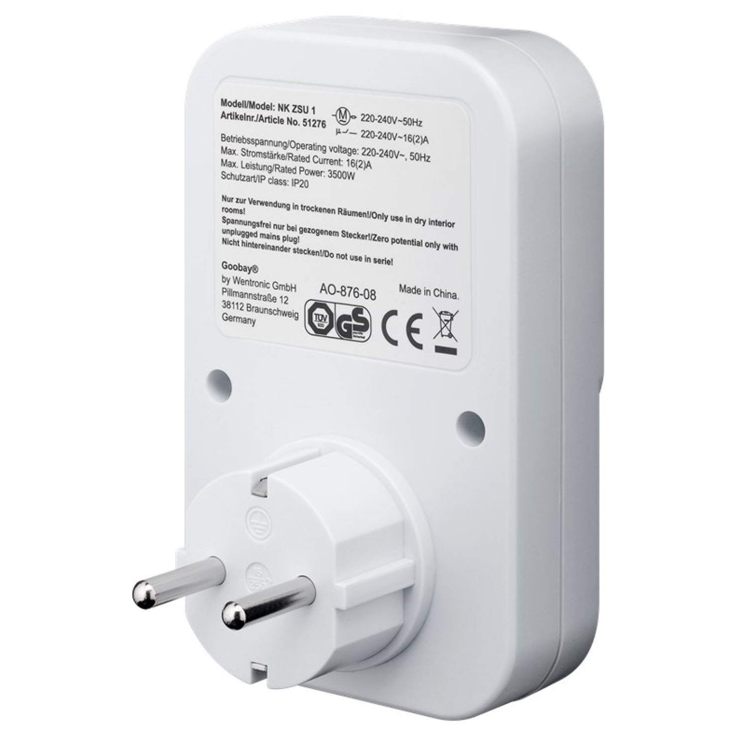 Weißer Netzadapter mit Steckerstiften. Text enthält Modell, Spannung und Sicherheitszertifizierungen.