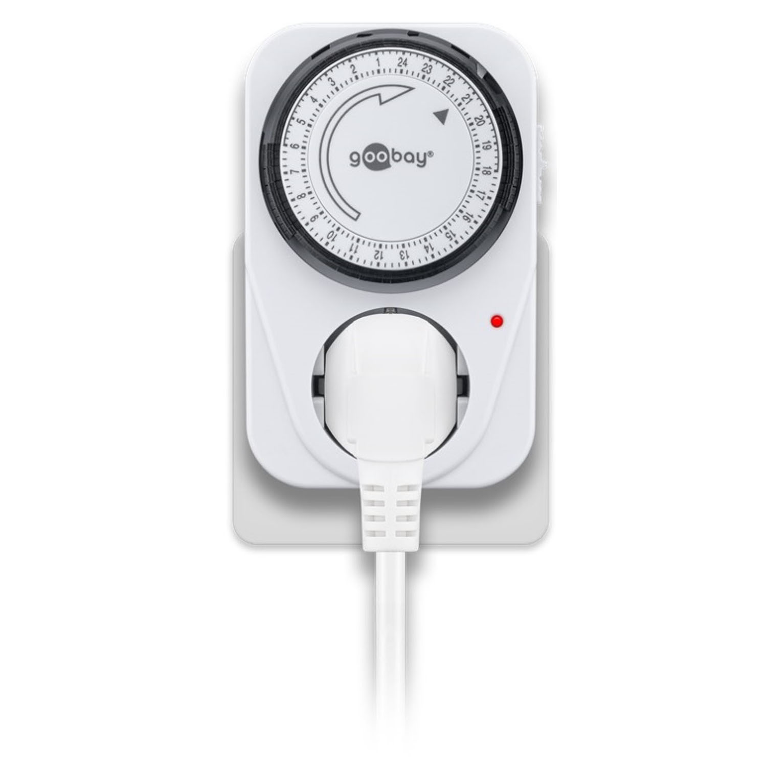 Ein weißer Timer mit Stecker und rotem Licht an einer weißen Wand.