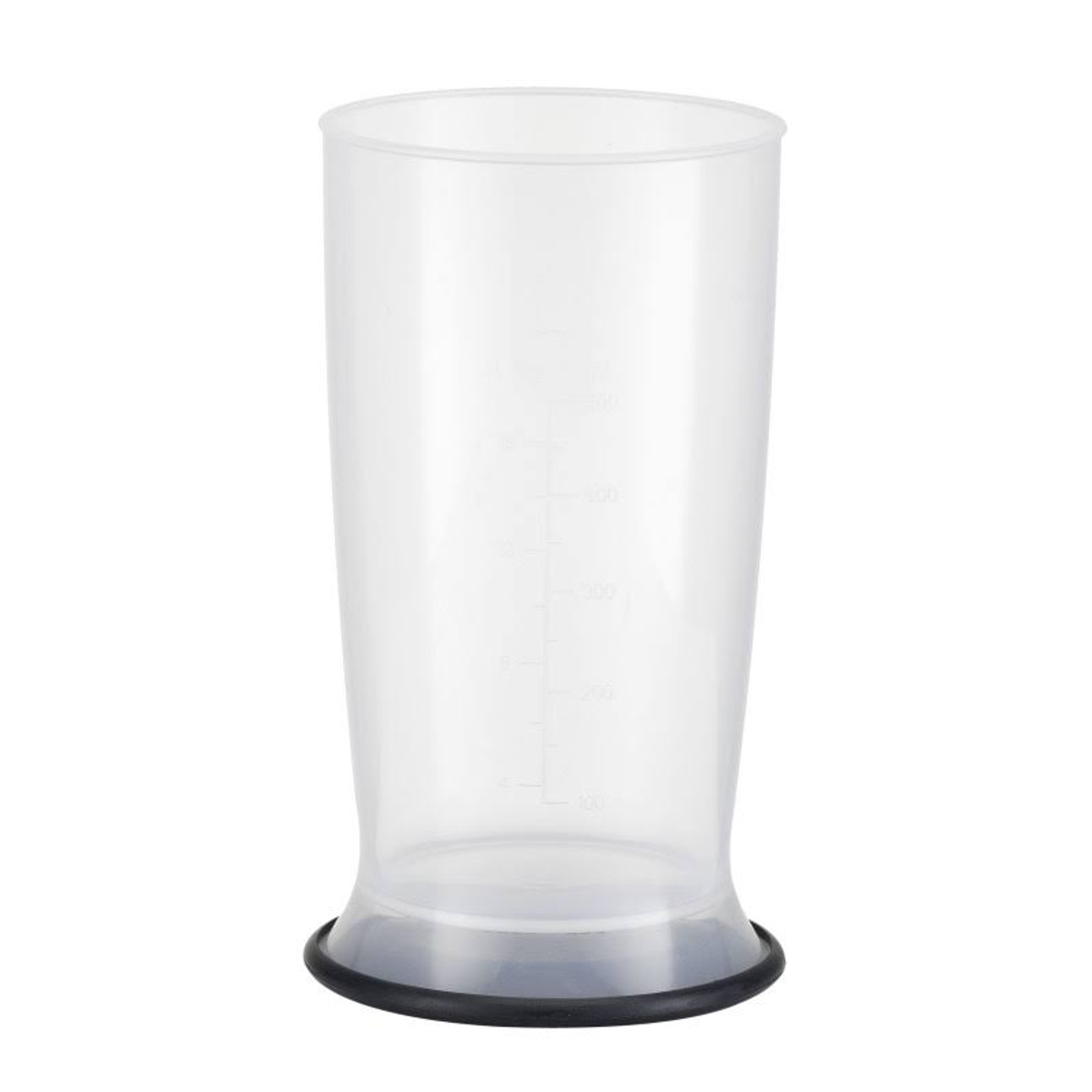 Przezroczysty kubek z miarką z czarną podstawą. Oznaczony miarkami na boku.