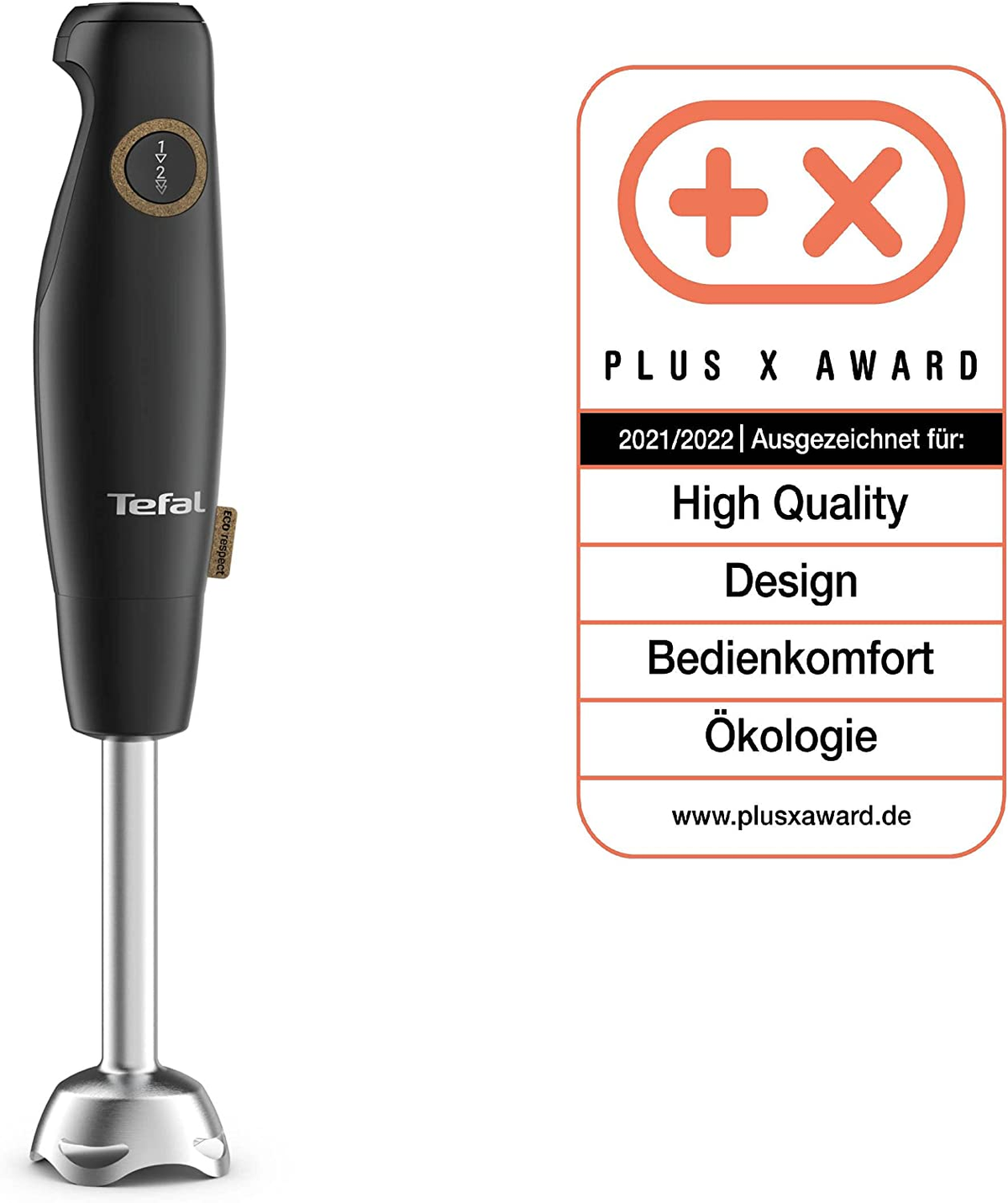 Frullatore a immersione nero con base argentata ed etichetta Plus X Award.