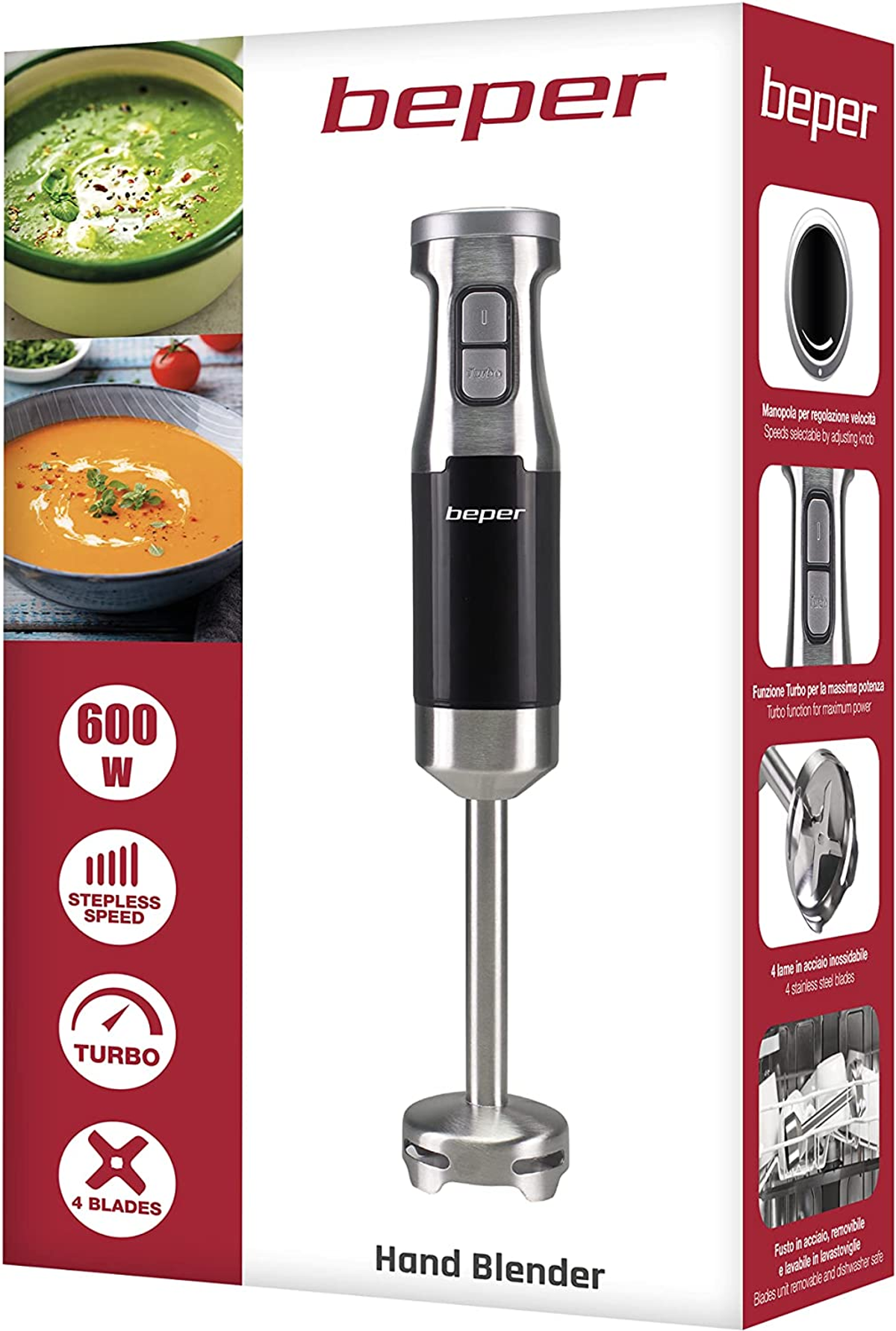 Handmixer-Verpackung mit Mixer, Turbofunktion, 4 Klingen und stufenloser Geschwindigkeit.