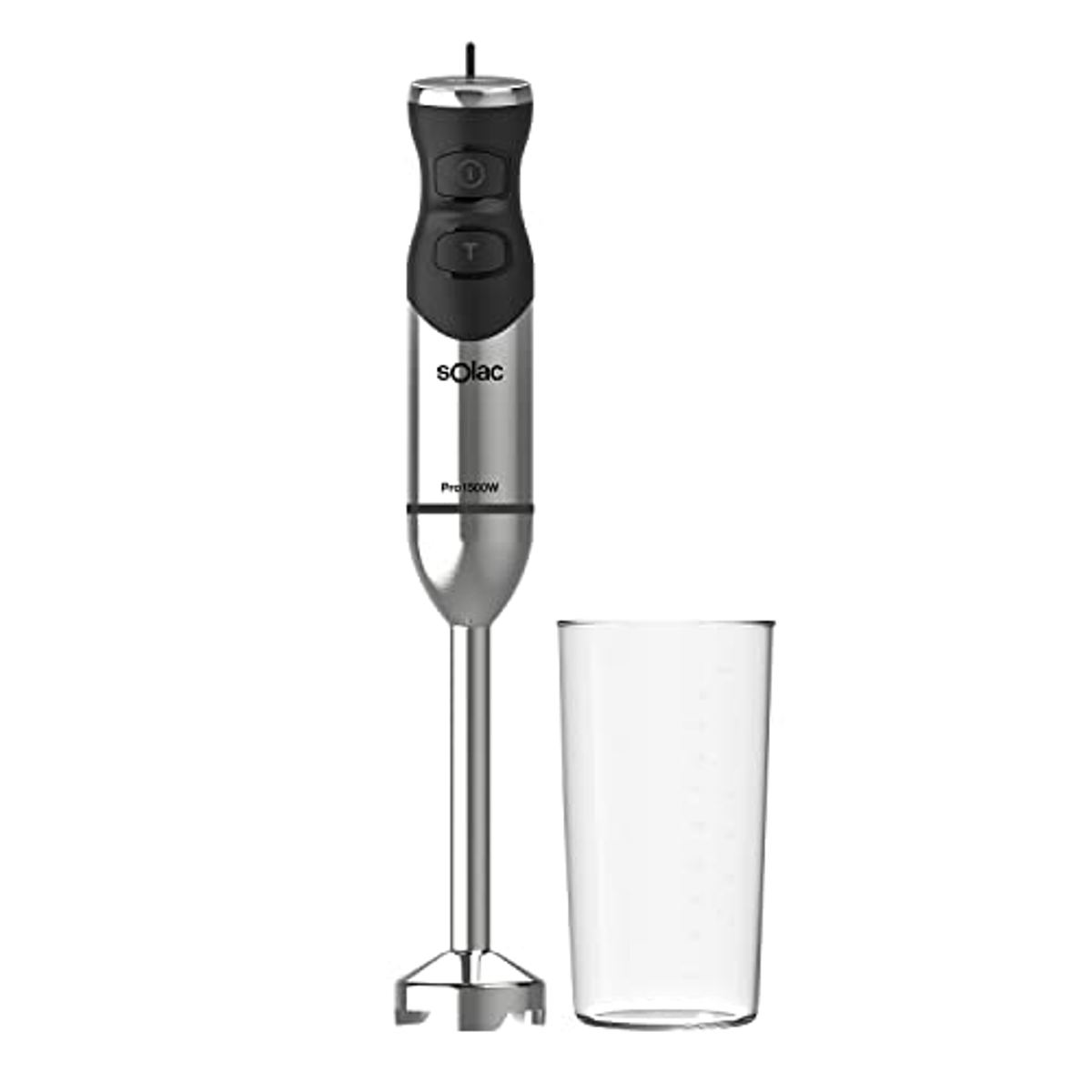 Batidora de mano Solac plateada y negra y taza medidora.