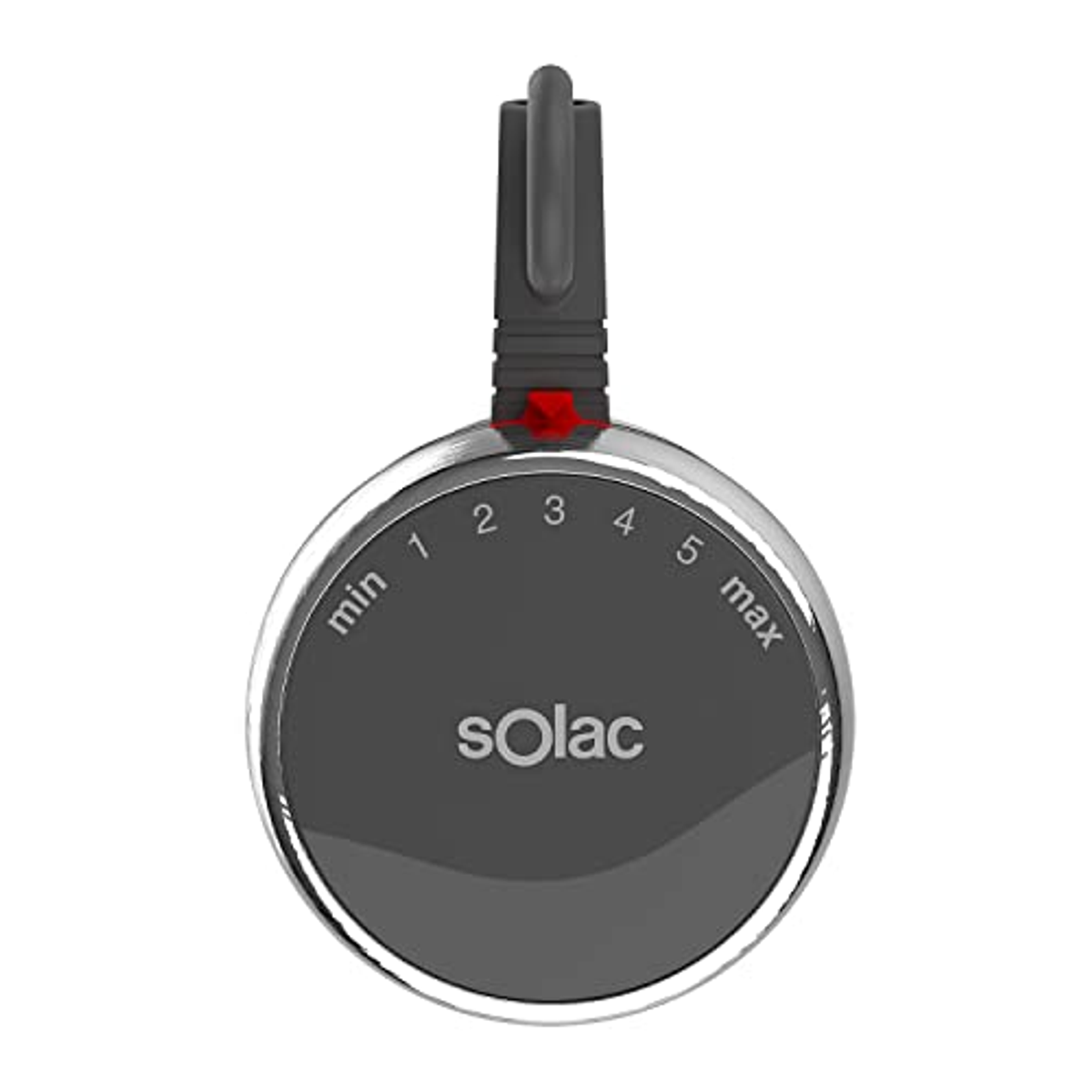 Dial de control Solac negro y plateado con números y un indicador rojo.