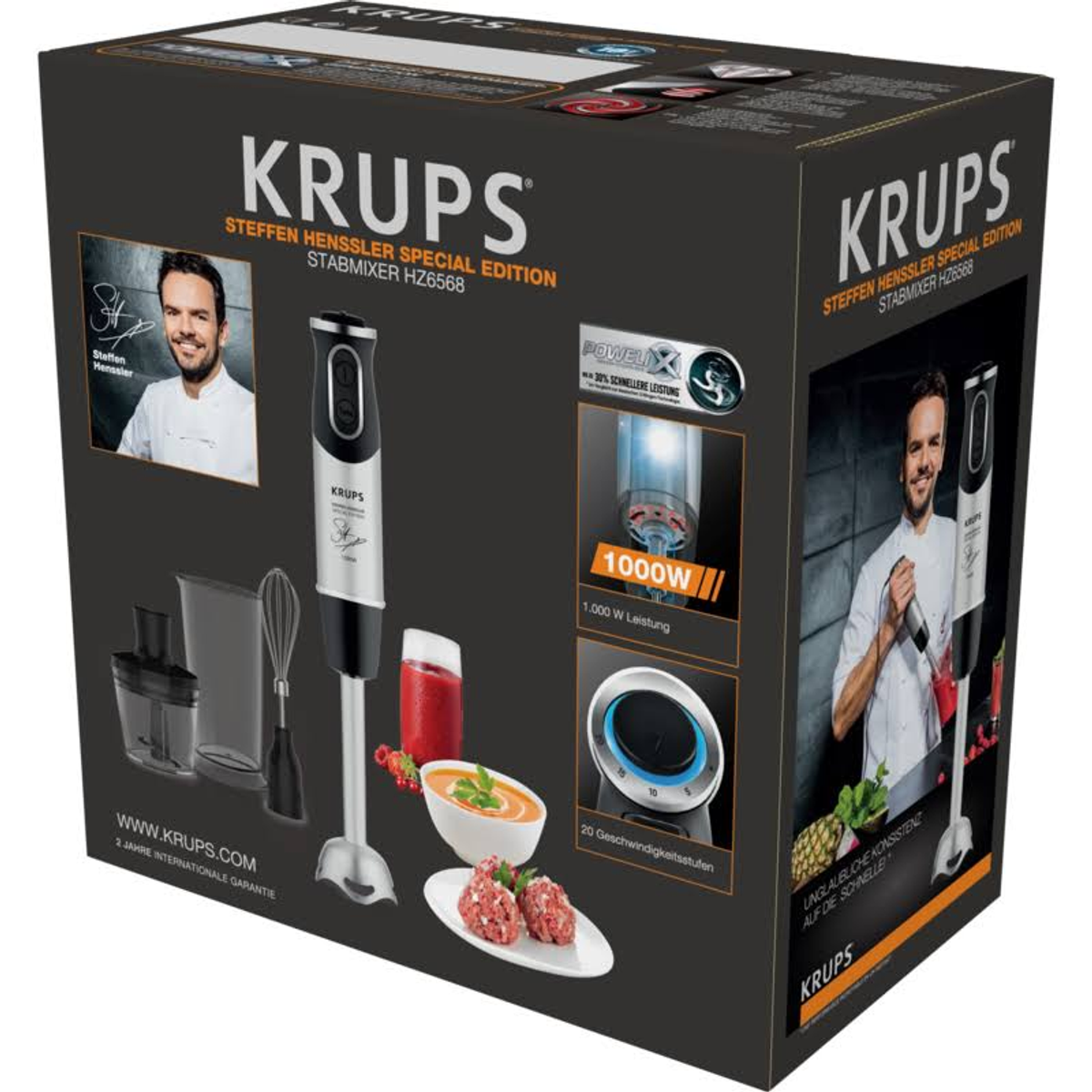 Pudełko produktu z blenderem ręcznym i tekstem. Wyświetlane są również zdjęcia szefa kuchni i elementów blendera.