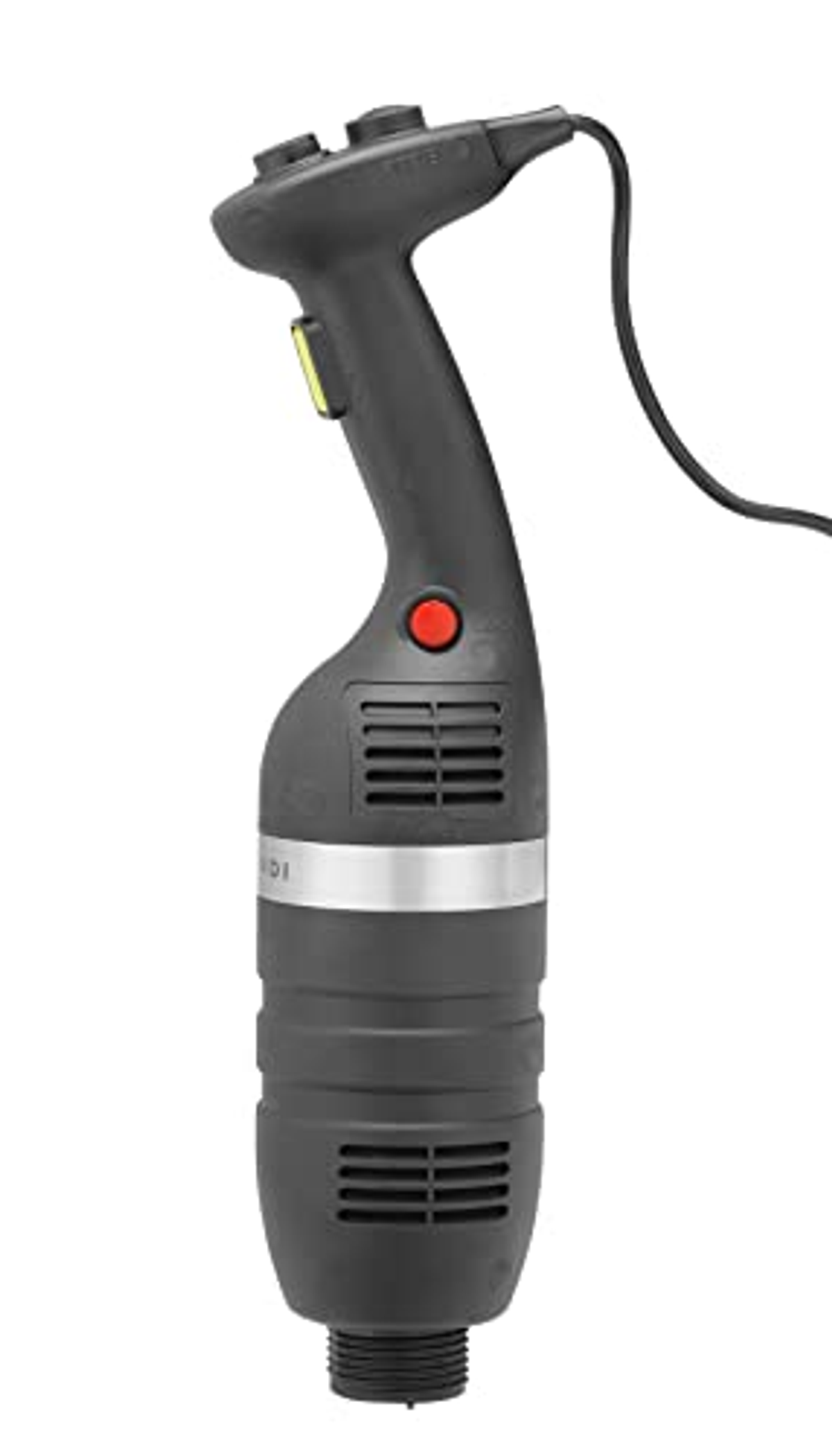 Schwarzer Stabmixer mit roter Taste. Das Kabel ist angeschlossen. Das Gerät steht auf weißem Grund.
