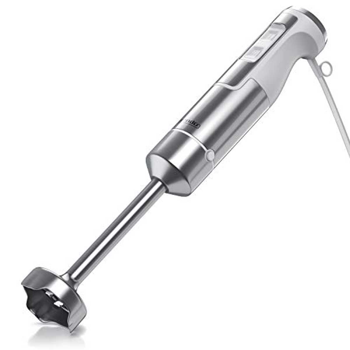 Weißer und silberner Stabmixer mit einer langen Klinge und einem weißen Kabel.