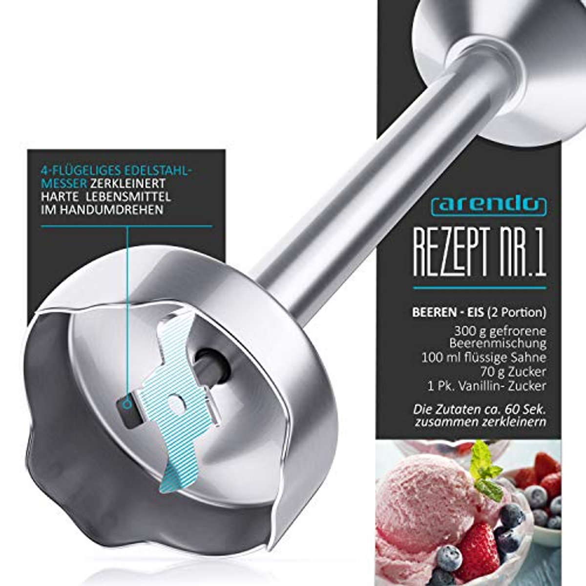 Ein Stabmixer mit Rezeptinformationen und einer Schüssel Eis.